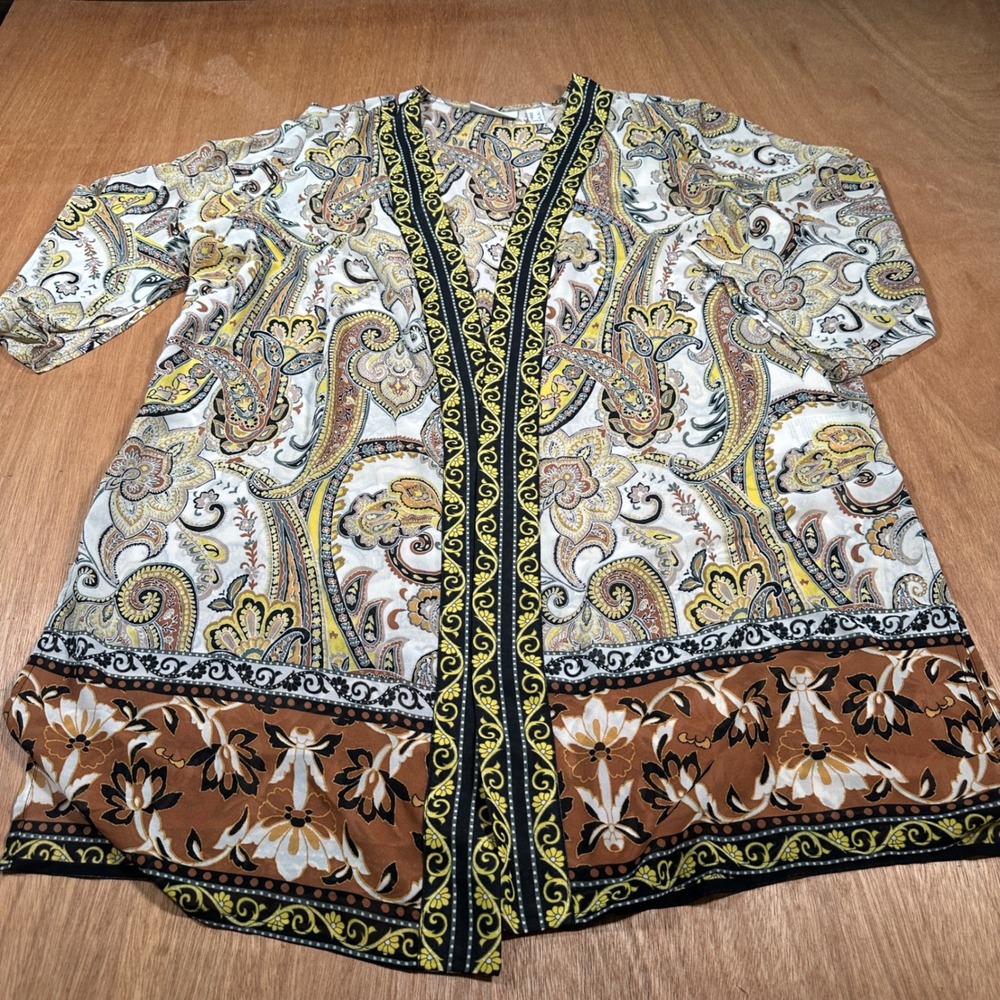 Susan Graver Paisley Open Front Lightweight Sheer Cardigan Women L Boho